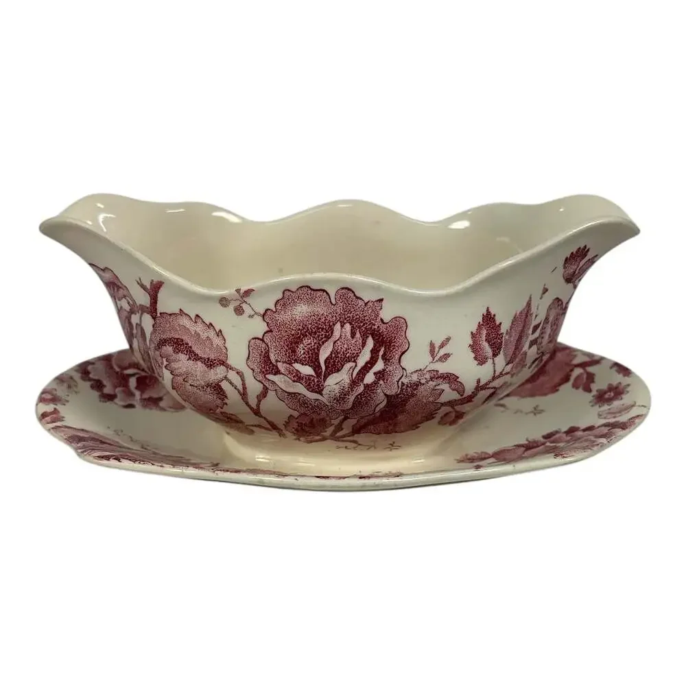 Vintage Johnson Bros English Chippendale 6” X 8 1/2” Gravy Boat Attached Plate